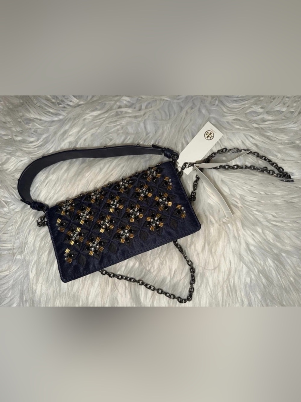 Tory Burch Navy Quilted Crossbody with Gold & Black Embellishment